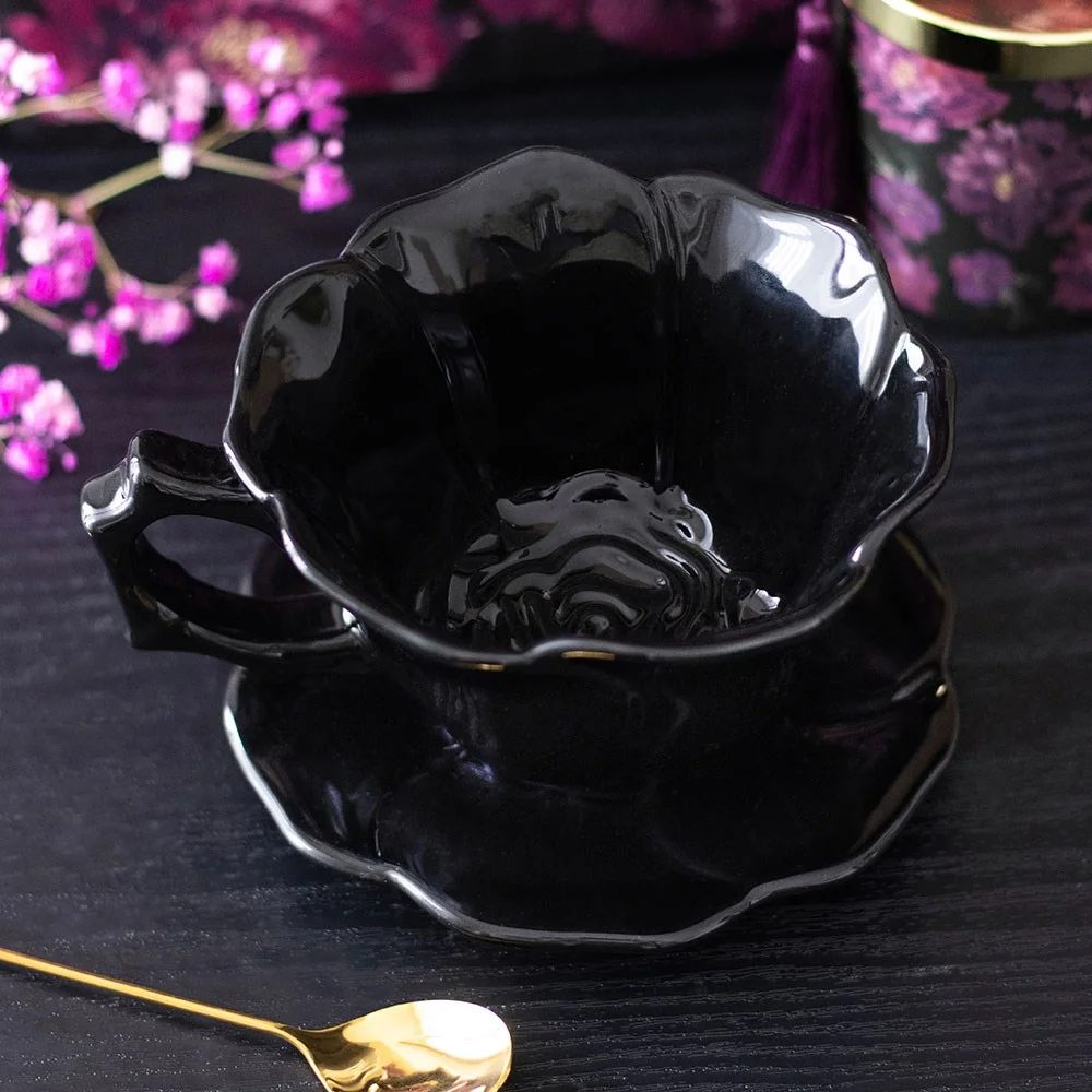 Black rose teacup and saucer set shaped like a blooming dark rose with delicate petal details, 250ml capacity
