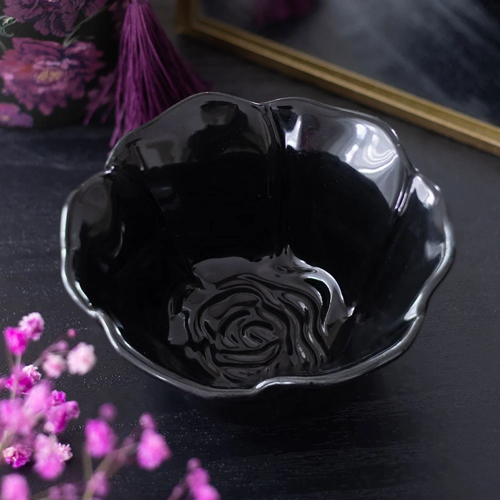 Black rose trinket dish shaped like an unfurling rose, perfect for holding keepsakes on dressing tables or boudoirs