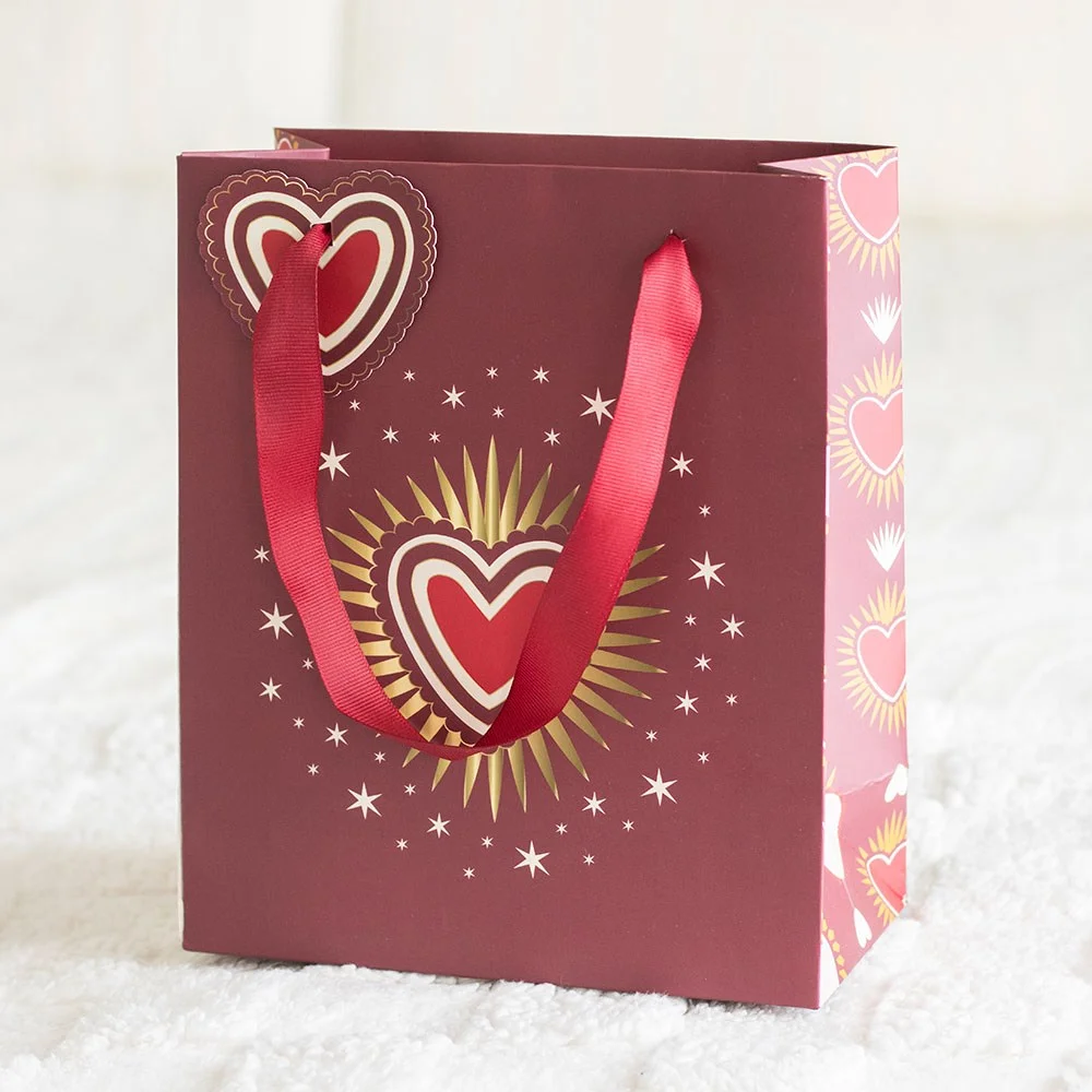 Vibrant sacred heart gift bag with bold red heart design and 23cm size, perfect for Valentine's Day presents