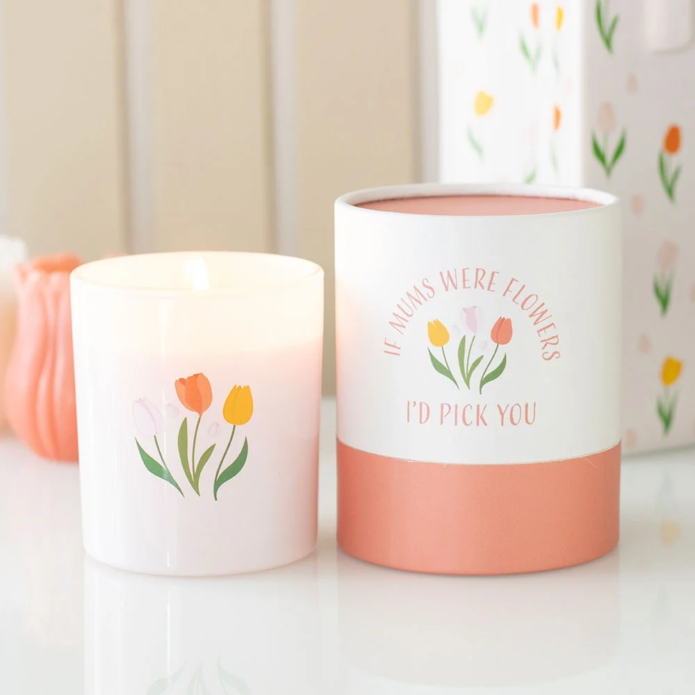 French tulip candle in a glass holder with "If Mums Were Flowers, I'd Pick You" message for Mother's Day gift