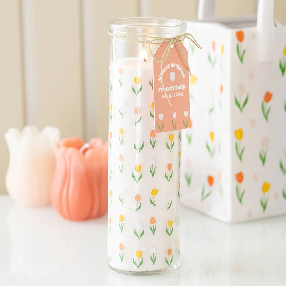 Glass tube French tulip candle with tulip floral print, showing long-lasting paraffin wax design for spring decor