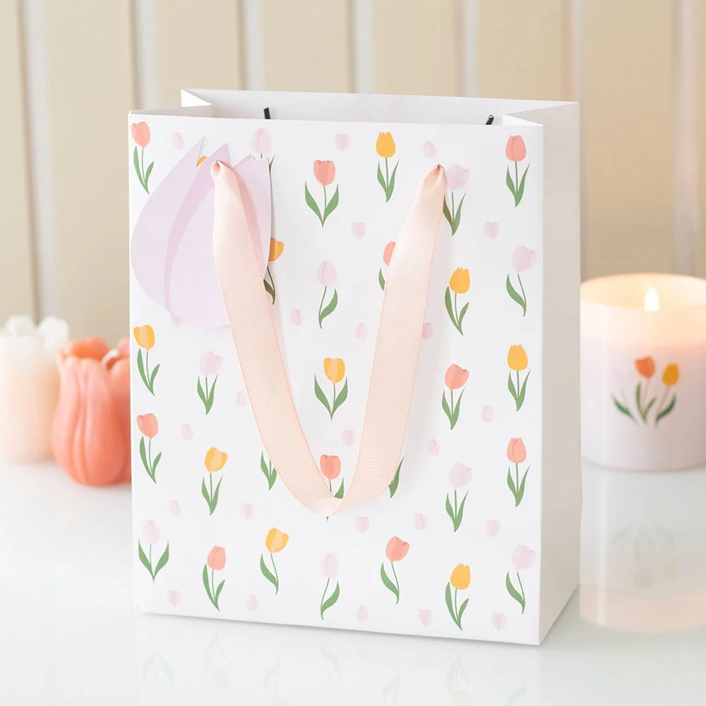 Paper tulip gift bag, 23 cm, bright tulip design for gifting.