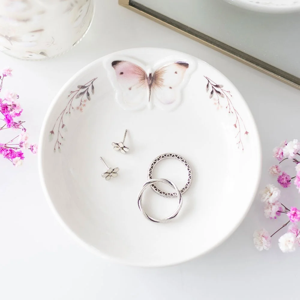 Round white ceramic butterfly trinket dish with a 3D soft grey butterfly, ideal for jewellery or small items