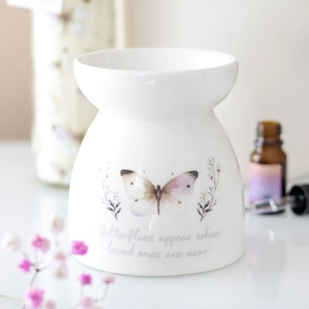 White ceramic oil burner with grey butterfly design and heartfelt message, designed for fragrance oils and tealight use