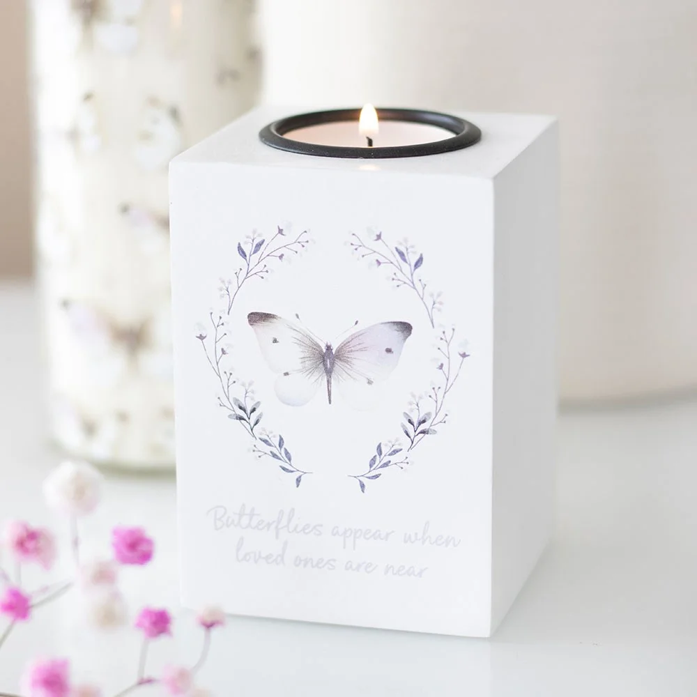 White box-style butterflies tealight holder with grey butterfly illustration and heartfelt phrase on front panel