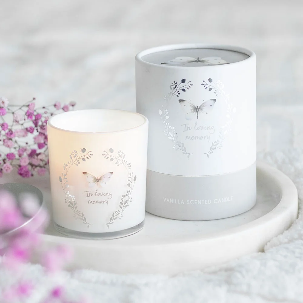 White butterfly vanilla scented candle with "In loving memory" text on glass jar, soft vanilla fragrance, 35-hour burn time