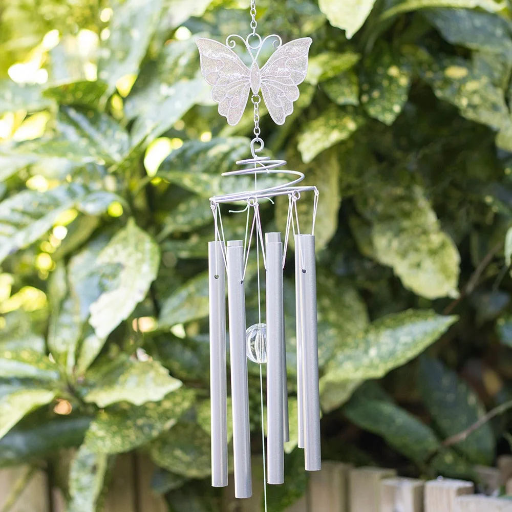Silver and white butterfly windchime with resin butterfly, spiral metal design, cascading chimes, and clear crystal pendant
