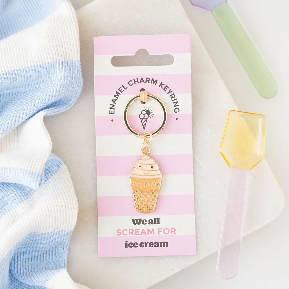Pink enamel ice cream cone keyring with silver ring, designed as a colourful summer treat accessory for keys or bags