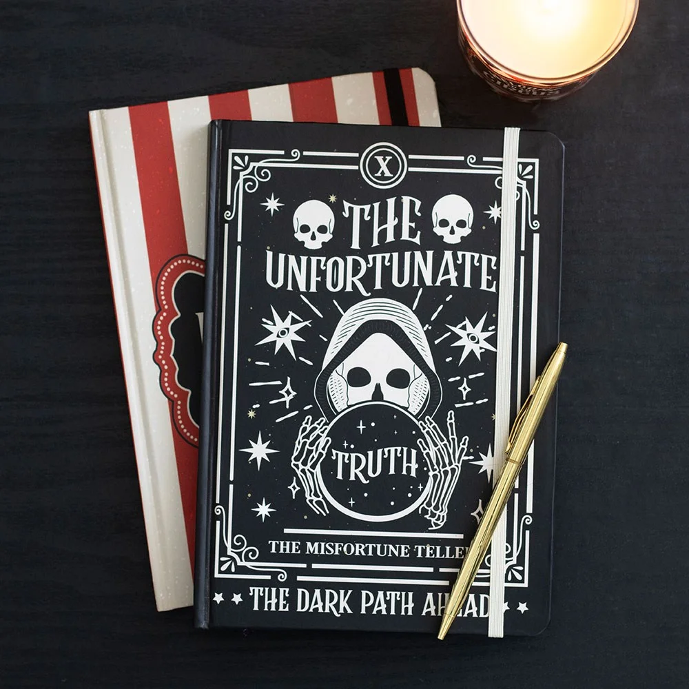 A5 lined notebook with mystical fortune teller cover, ominous warning text, lined pages inside.