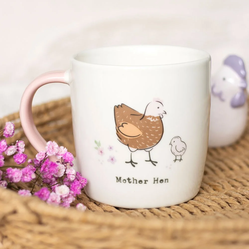 Mother Hen ceramic mug with pastel design featuring a proud hen and chick, 250ml capacity, ceramic material