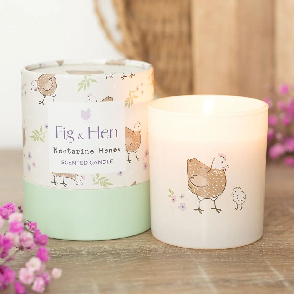 Cream glass holder nectarine honey candle with hen and chick design, ideal for spring and Mother's Day gifts