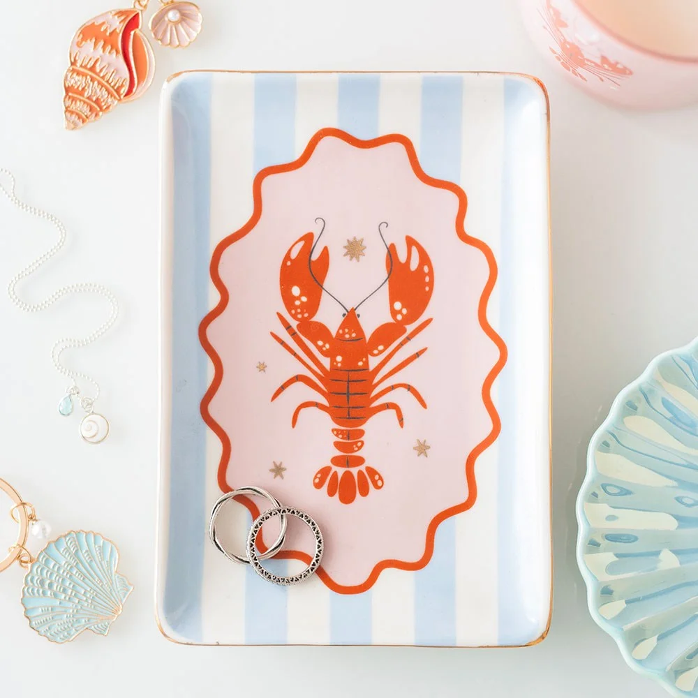 Striped lobster trinket dish with red lobster on blue and white coastal stripes, ideal for rings, keys, or coins
