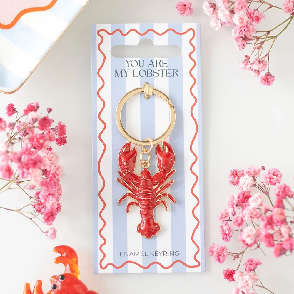 Red enamel lobster keyring with silver keyring loop, summer-themed accessory for gifts or cards