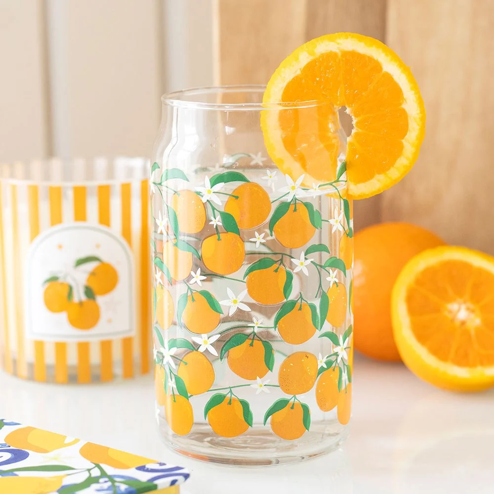 500ml can-shaped glass with vibrant orange print, ideal for iced drinks, handwash only, no microwave use