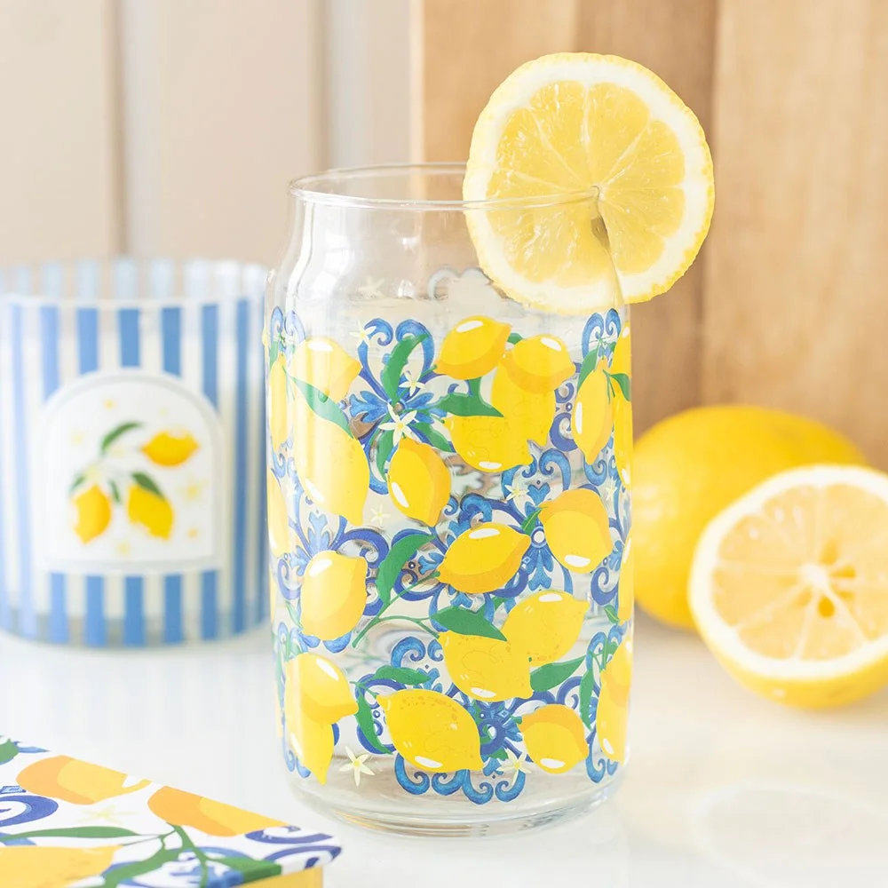 Clear can-shaped glass with bright yellow lemon print, 500ml capacity, ideal for summer drinks and entertaining