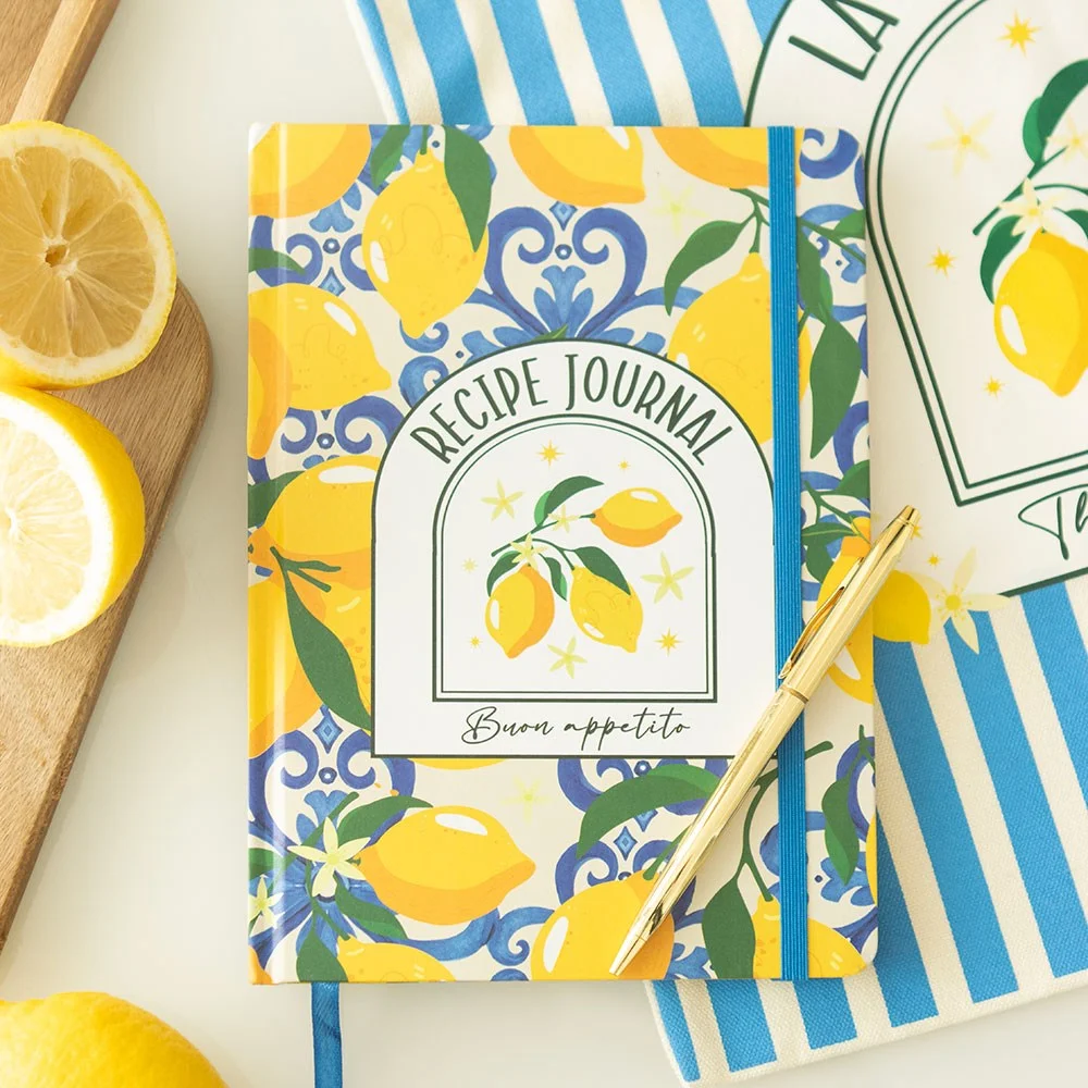 A5 recipe journal with lined pages and vibrant Italian lemon print cover for capturing favourite recipes