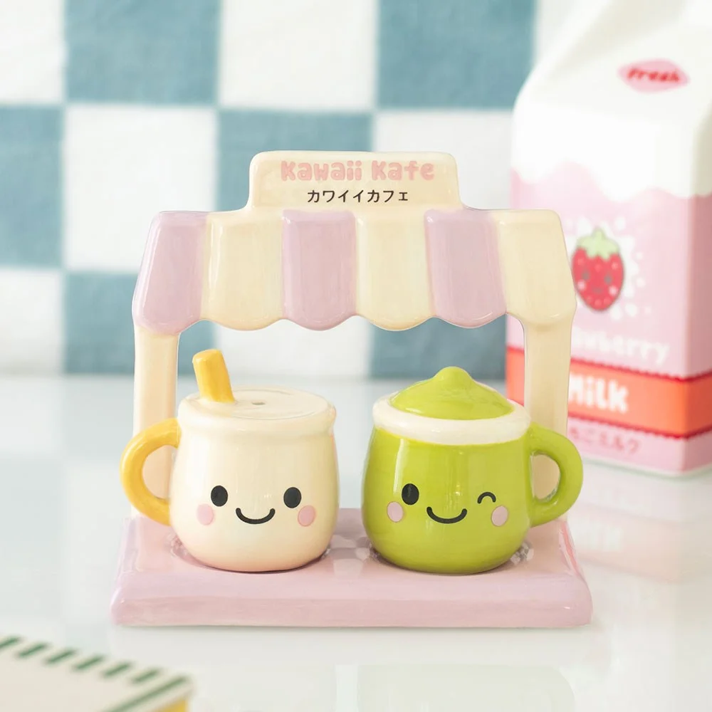 Kawaii salt and pepper shakers: pastel latte ceramic set with two mugs on a pastel cafe stand, featuring blushing cheeks.