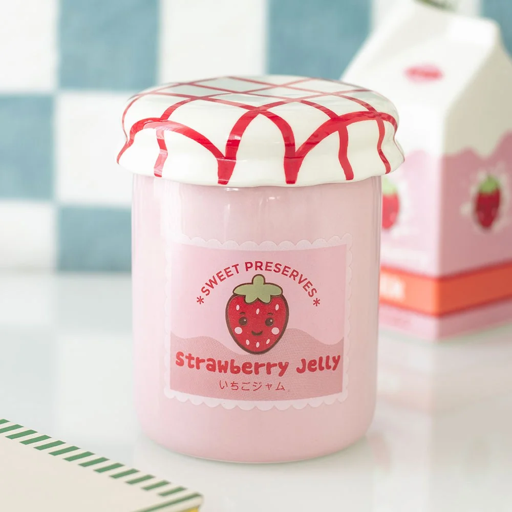Strawberry jelly jar ceramic oil burner with removable lid, bright pink bottle perfect for wax melts and fragrance oils