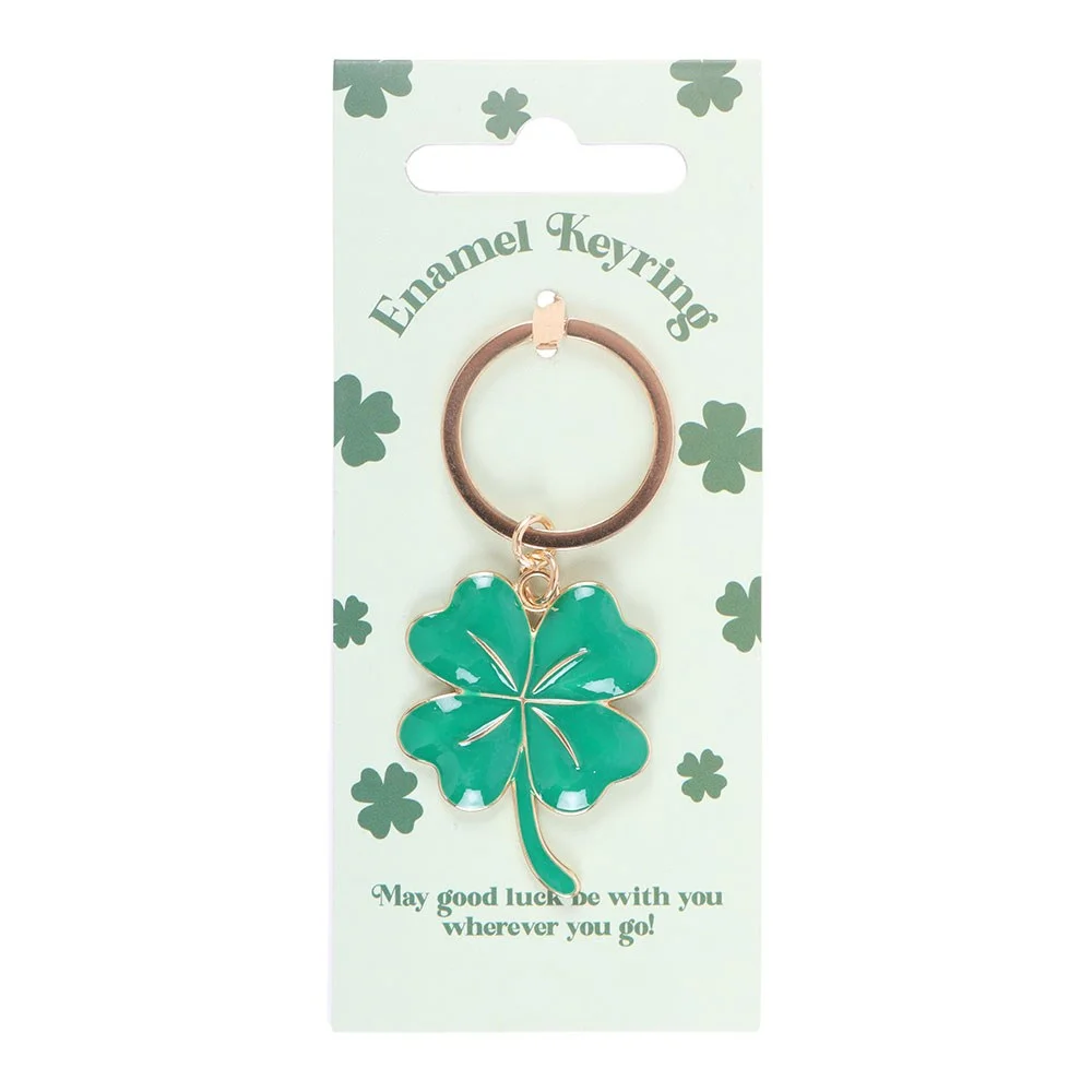 Green glossy enamel four leaf clover keyring with backing card reading 'May good luck be with you wherever you go