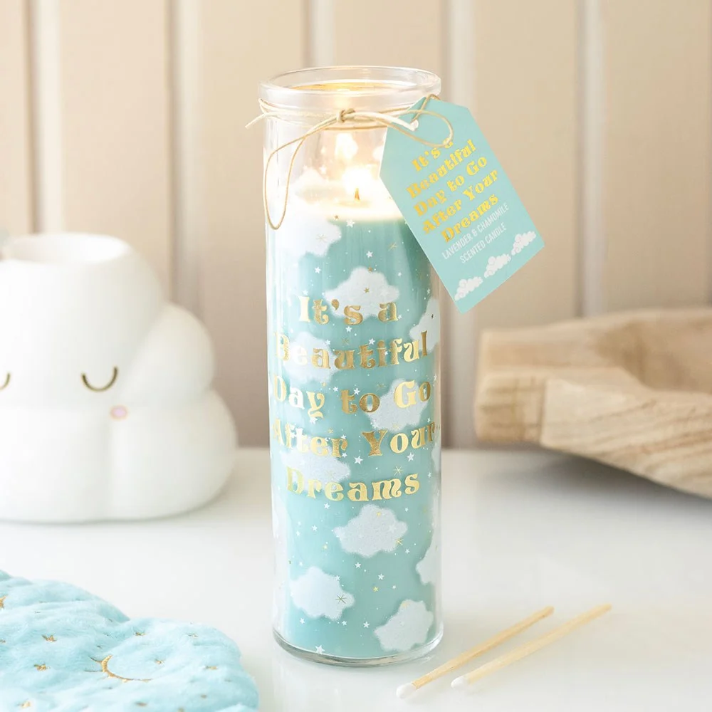 Tall glass tube lavender chamomile candle with cloud‑print and gold foil text.