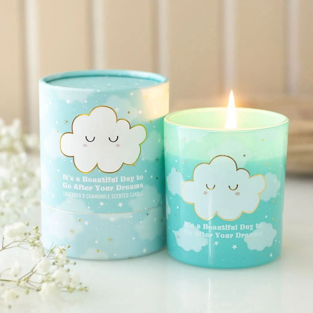 White glass lavender chamomile candle with cloud‑print design, soft purple wax and calming aromas.