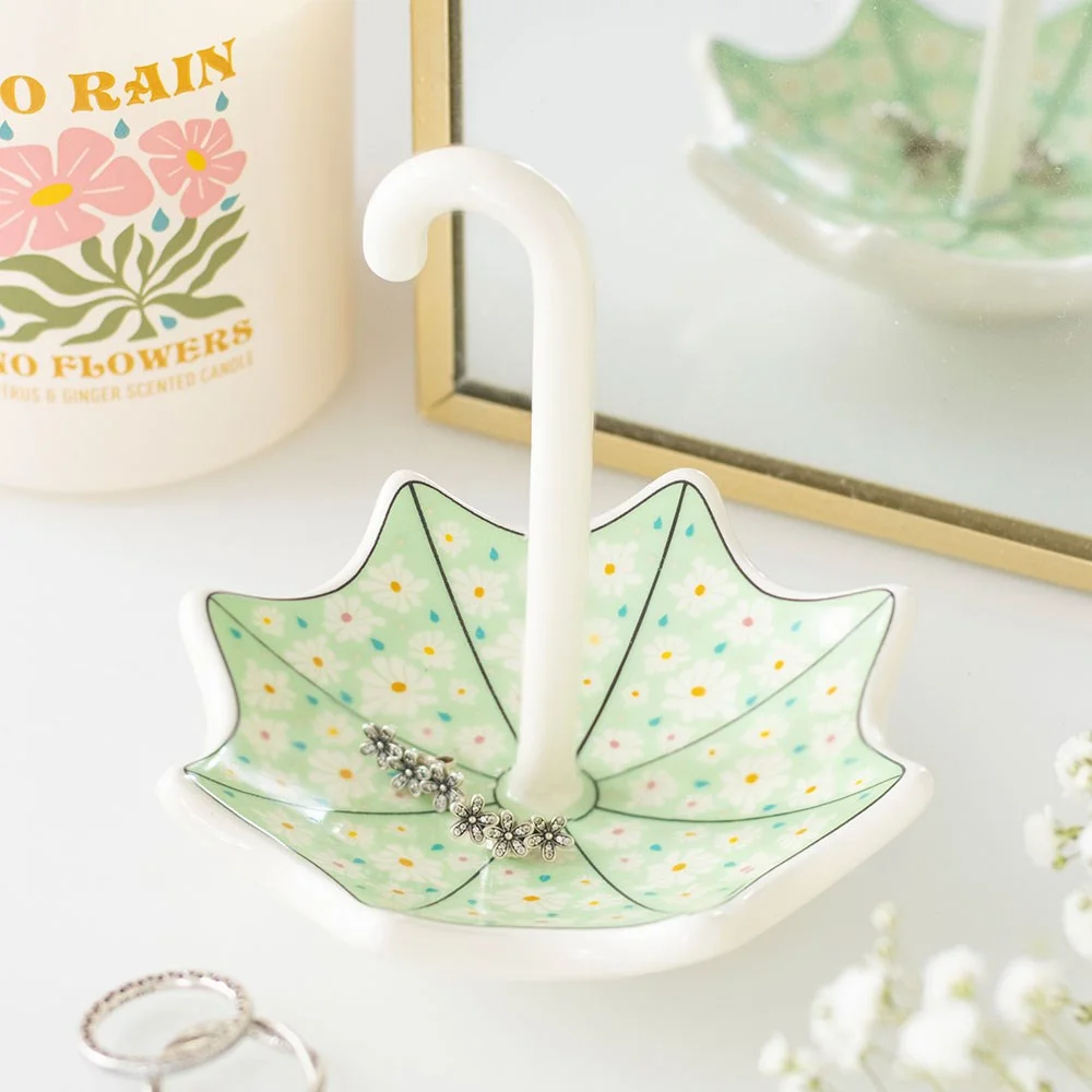 Umbrella trinket dish with floral print, shaped like a small umbrella to hold jewellery, coins, or tiny trinkets.