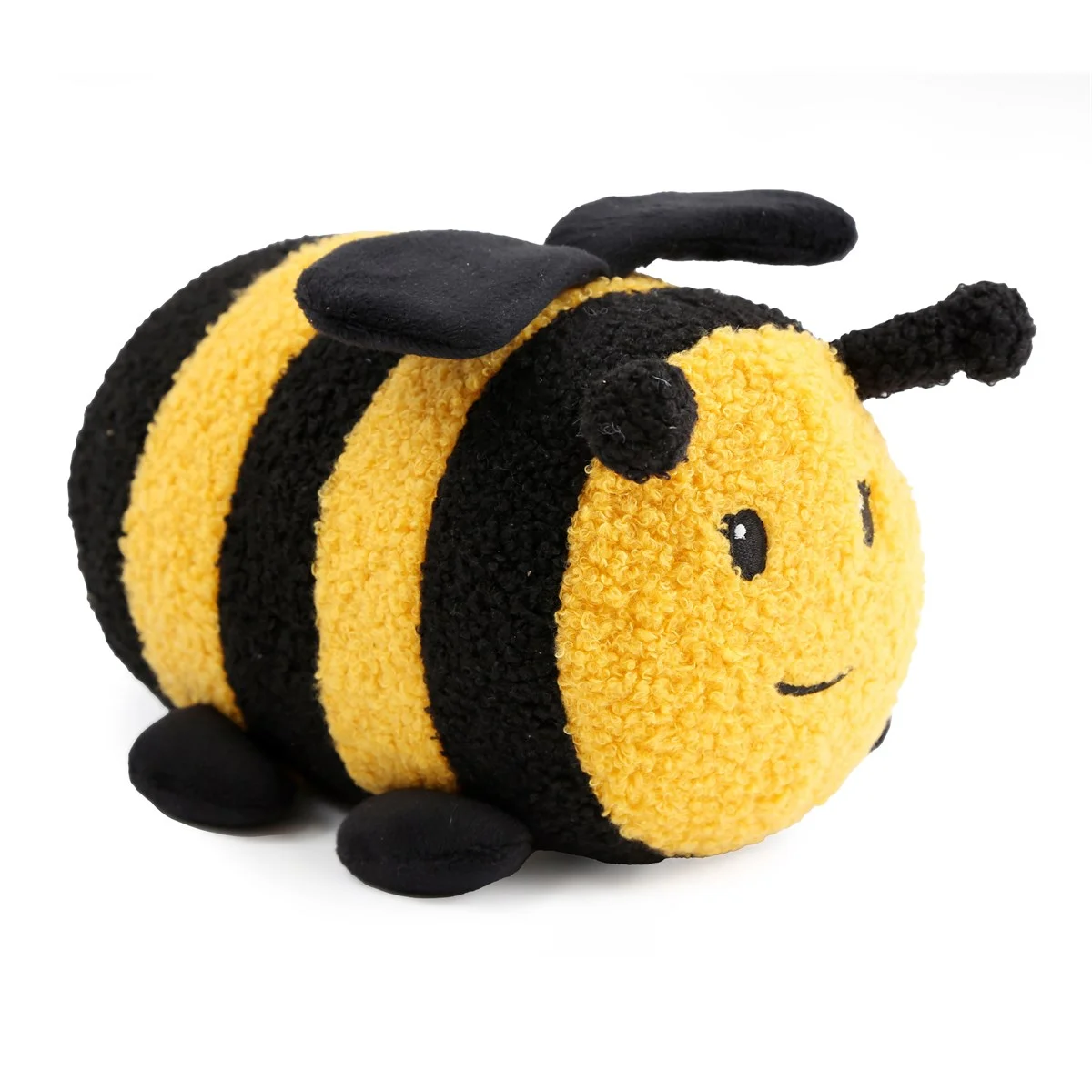 Plush bee doorstop with bright yellow and black stripes shaped like a cute busy bee sitting on a white background