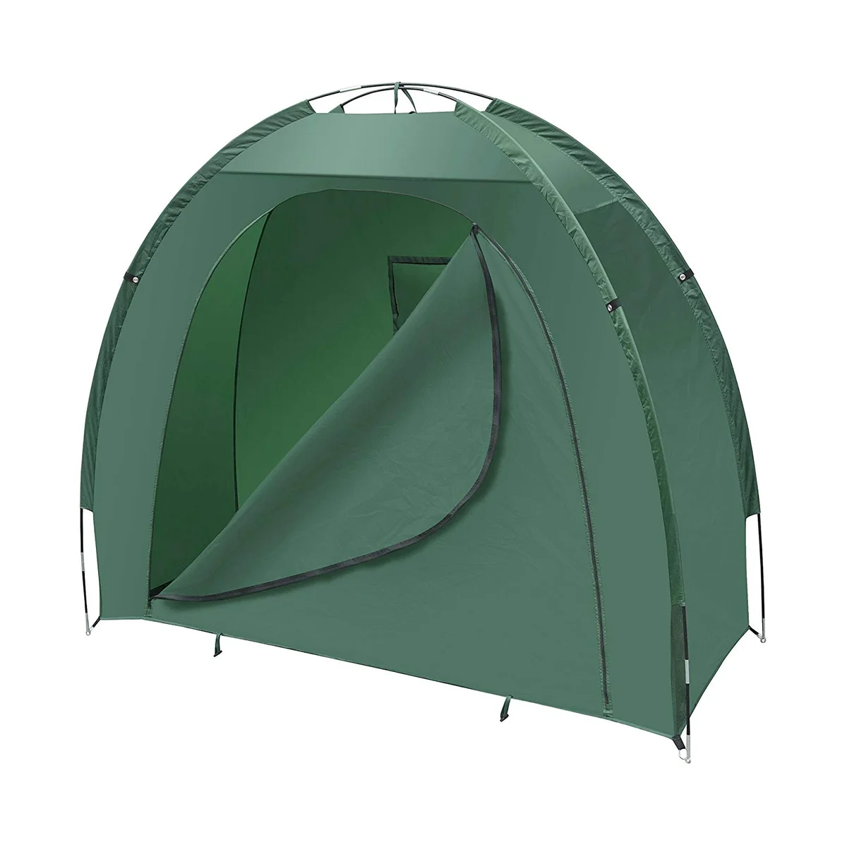 Green garden storage tent with domed shape, set up outdoors, showing lightweight fiberglass poles and sewn-in groundsheet
