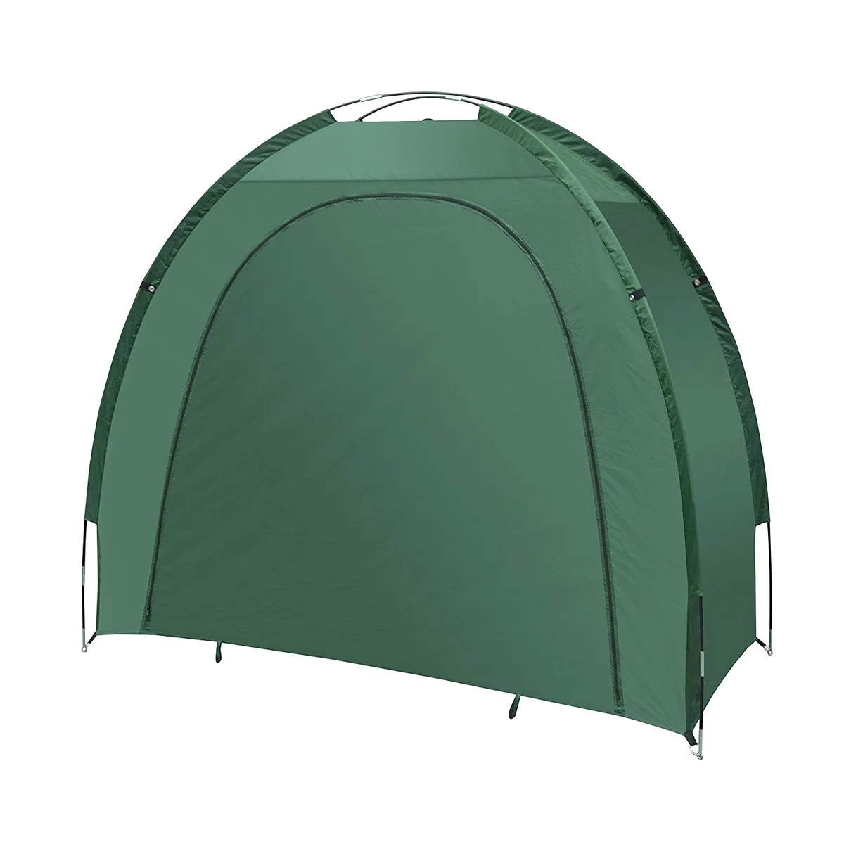 Green outdoor storage tent with domed shape, fiberglass poles, and sewn-in groundsheet set up in a garden setting