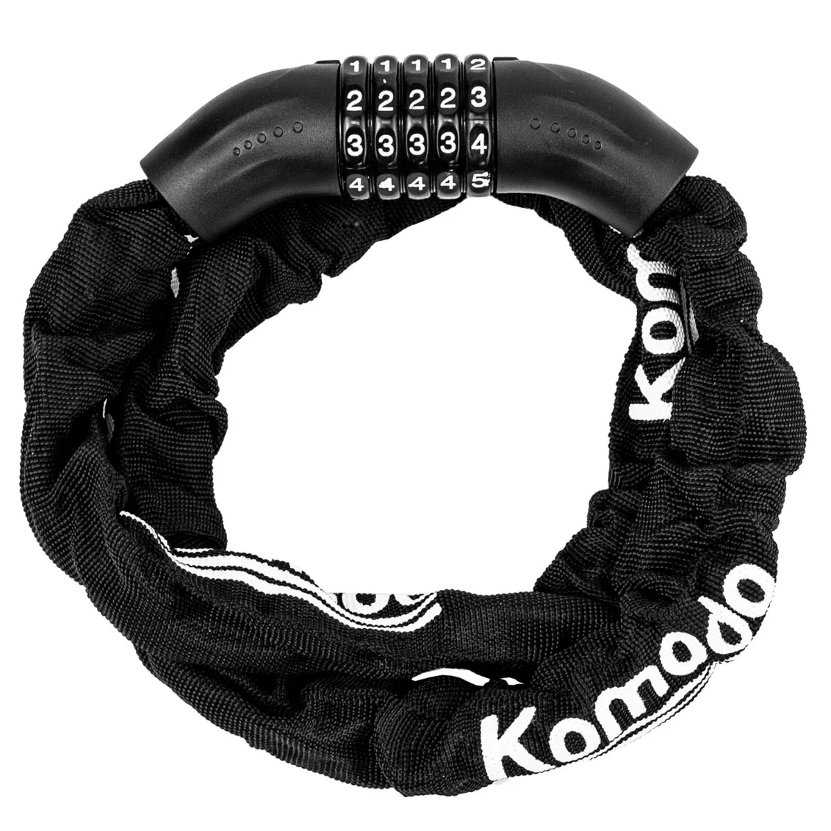 Heavy duty 5 digit combination bicycle chain lock with fabric-covered steel chain, 110cm long, secured in a loop shape