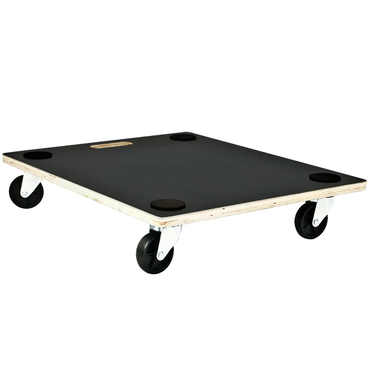 4 wheel transport roller with wooden platform, anti-slip surface, corner pads, and four swivel wheels for heavy item movement