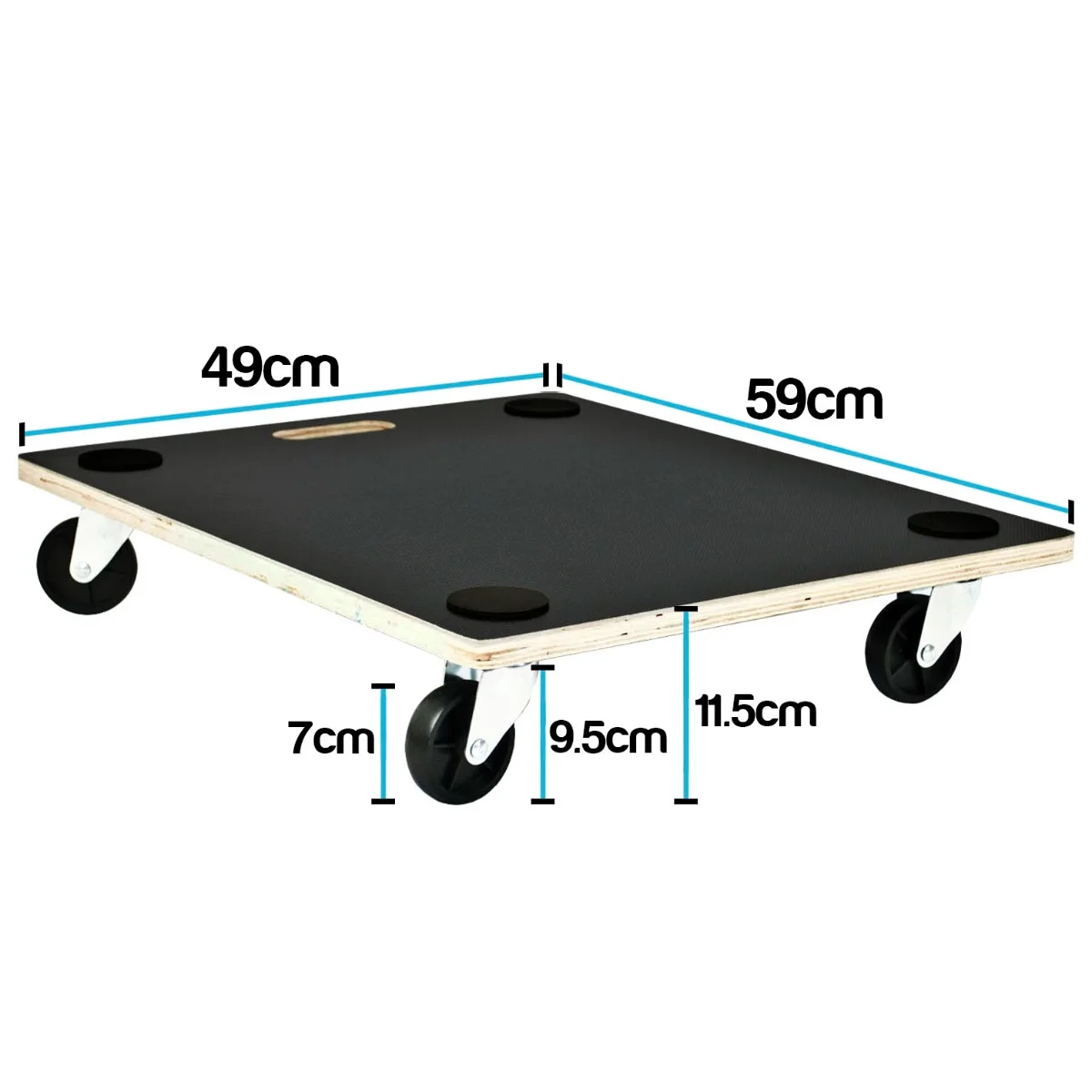 Wooden anti slip transport roller with 4 swivel wheels, 59cm x 49cm platform, and corner pads for stability