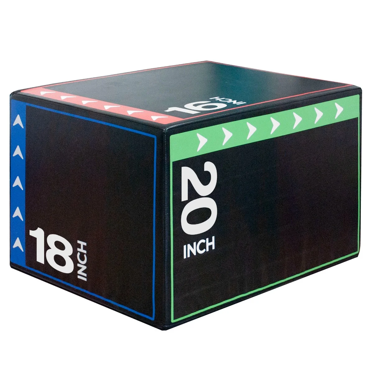 Plyometric jump box showing three height options 16, 18, and 20 inches with removable non-slip cover