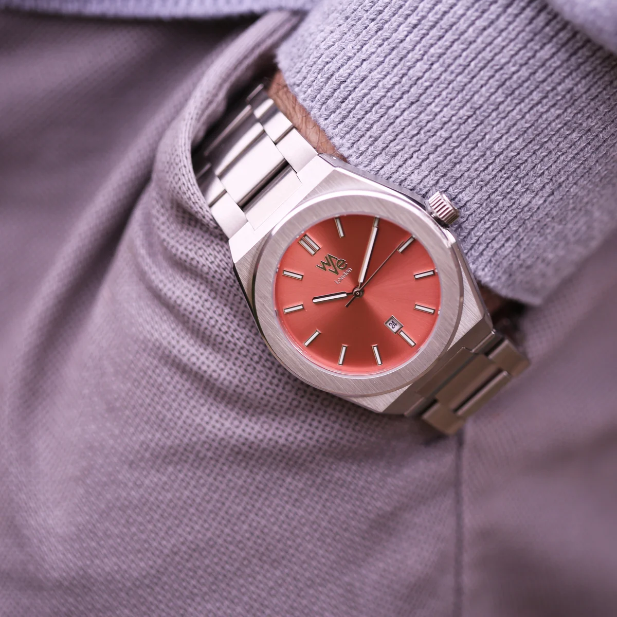 Engraved men's watch in Peach Breeze with stainless steel band and minimalist design from Wave by Architect collection