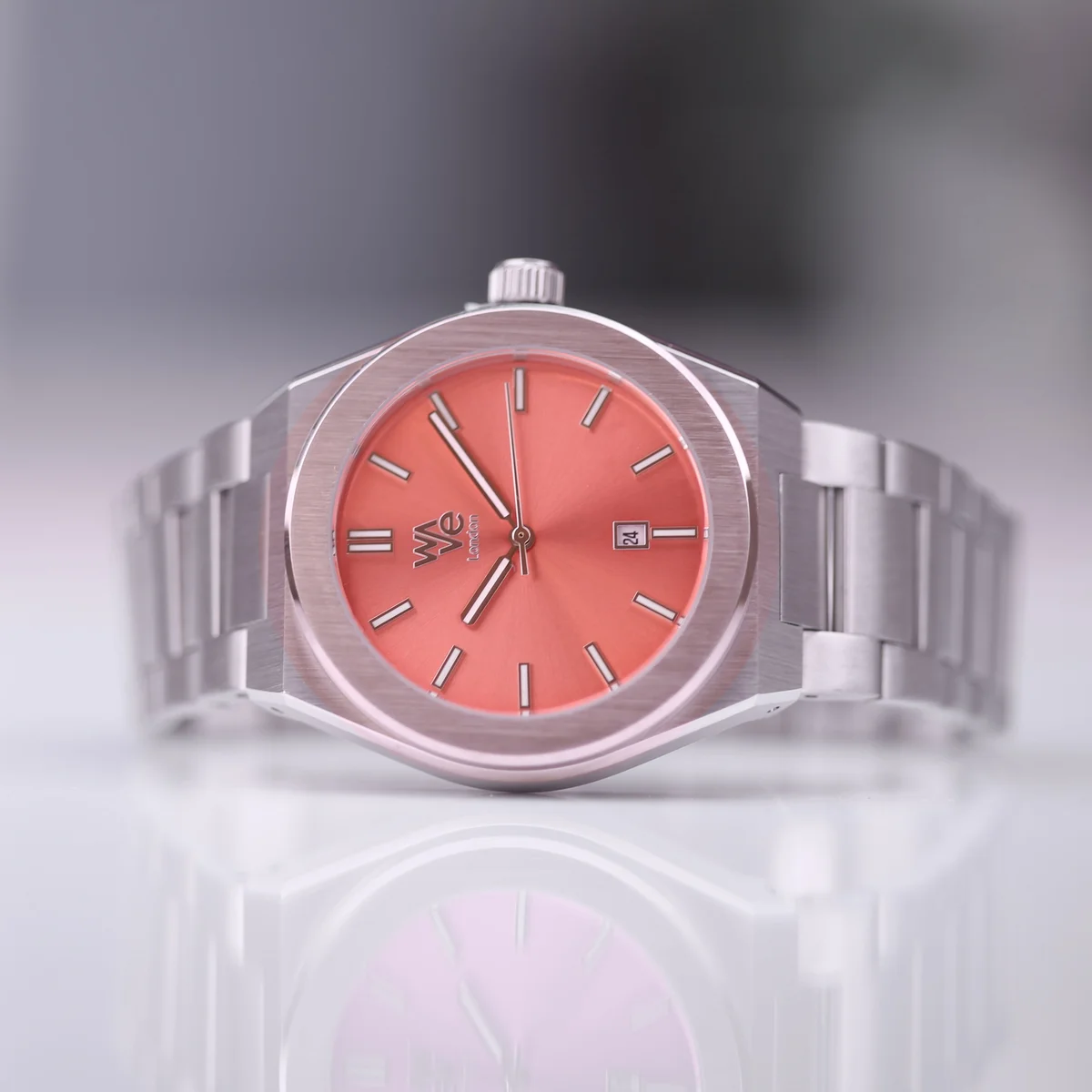 Personalised men's watch in peach breeze with stainless steel band and minimalist dial by Wave by Architect