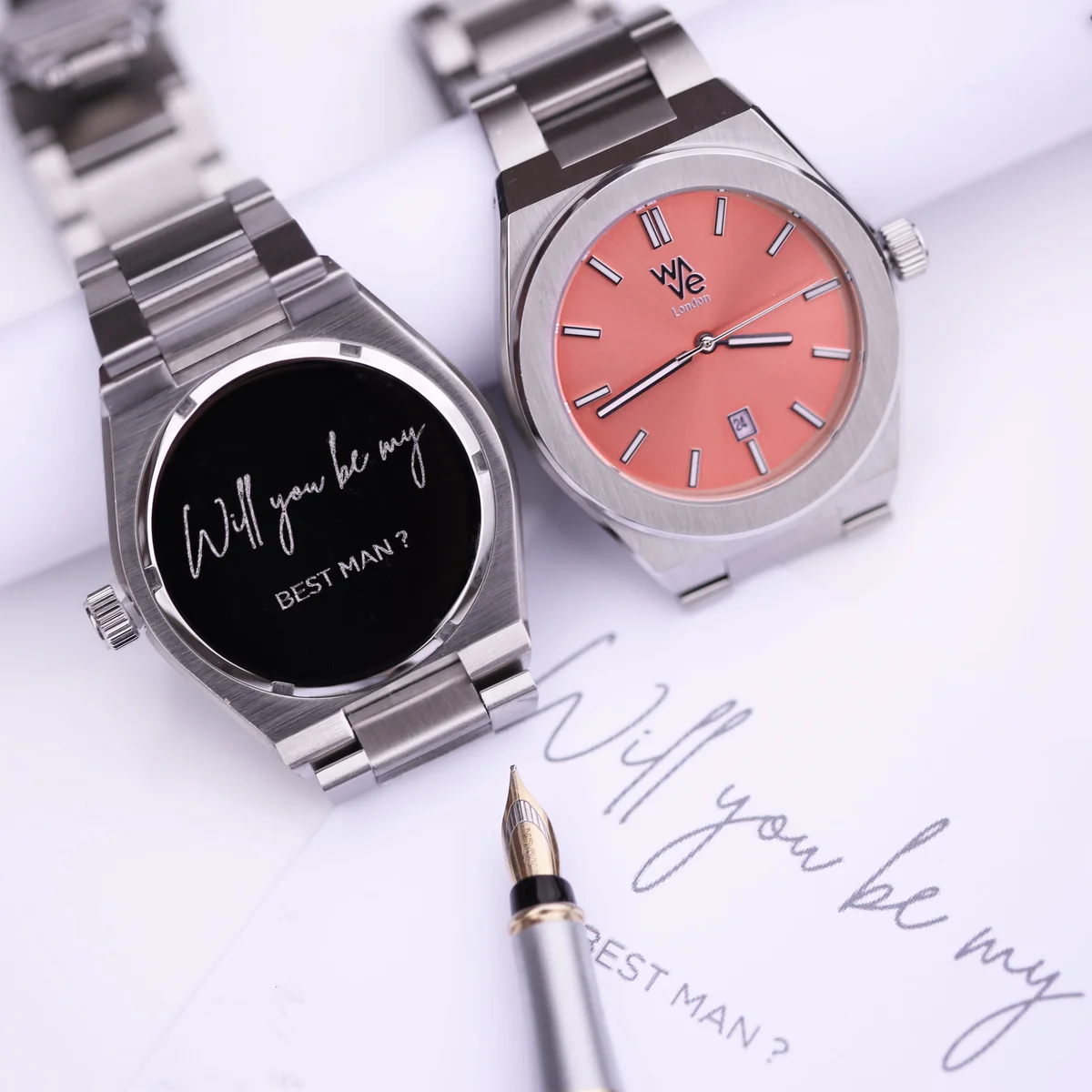 Wave by Architect Peach Breeze stainless steel watch with minimalist design and engraving area, polished finish on display