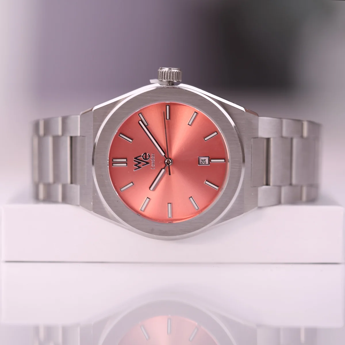Wave by Architect Peach Breeze watch showing stainless steel band and personalized handwriting engraving watch backplate