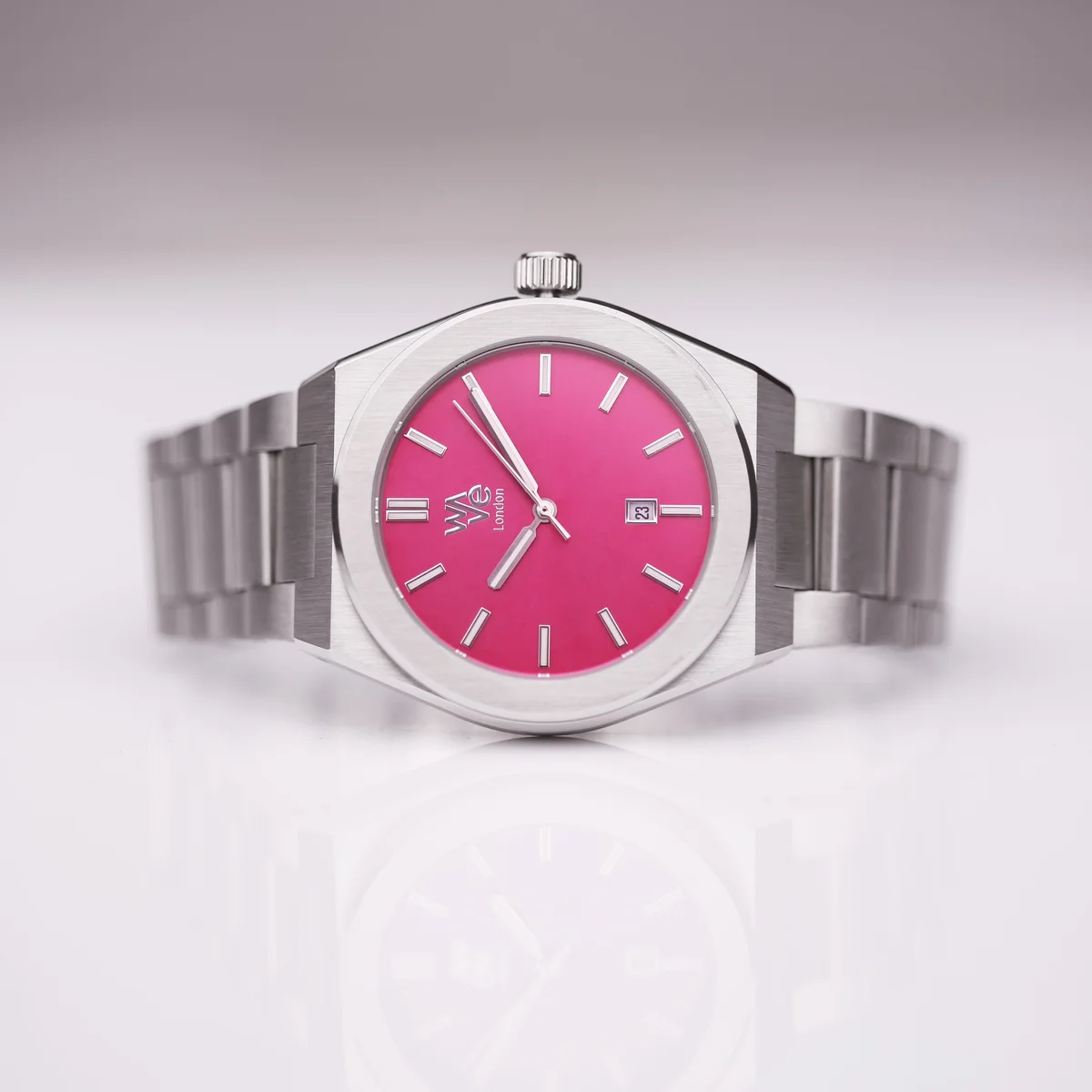 Blush Ripple Wave by Architect watch showing stainless steel band and personalised handwriting engraving watch backplate