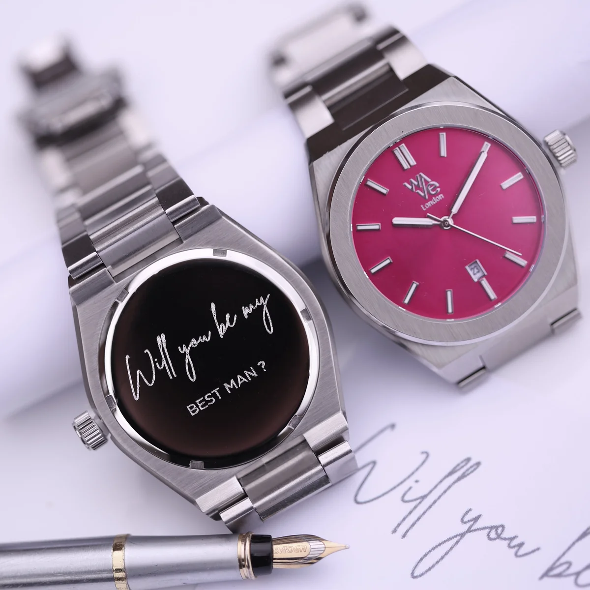 Blush Ripple Wave by Architect water resistant watch with stainless steel band and minimalist dial, engraved back visible