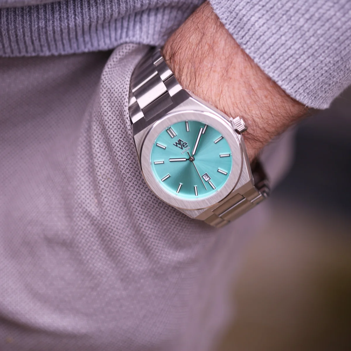 Ocean Blue personalised wristwatch by Wave with stainless steel band and minimalist dial, ready for handwriting engraving