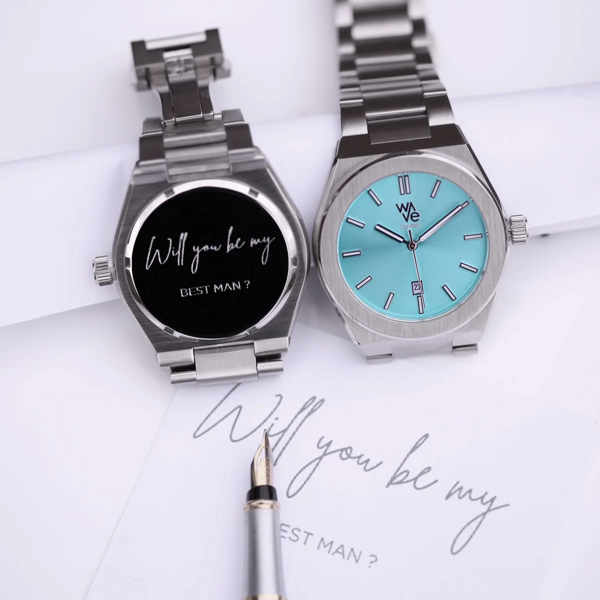 Ocean Blue Wave by Architect Japanese movement watch with stainless steel band and personalized handwriting engraving backplate