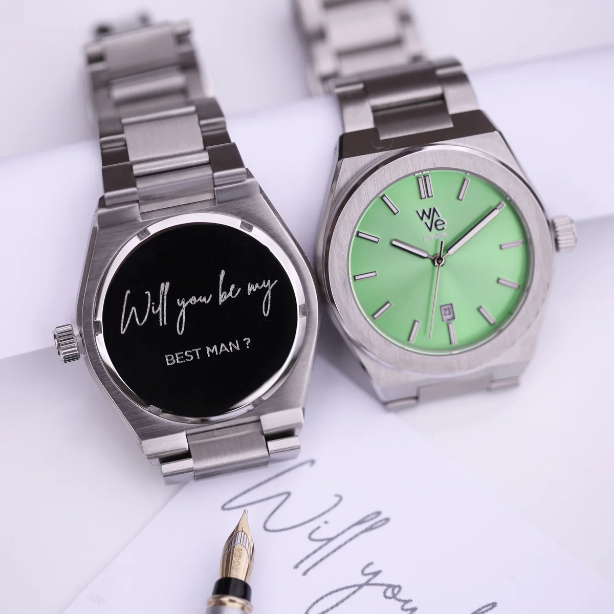Engraved mens watch in vibrant lime green with stainless steel band and minimalist dial, personalized handwriting engraving visible
