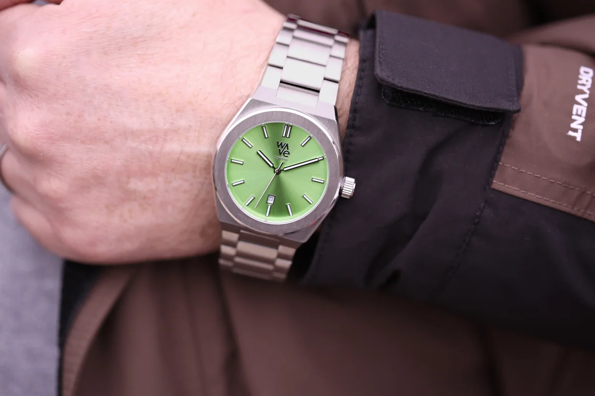 Lime Surge Wave by Architect water resistant watch with stainless steel band and personalized handwriting engraving on back