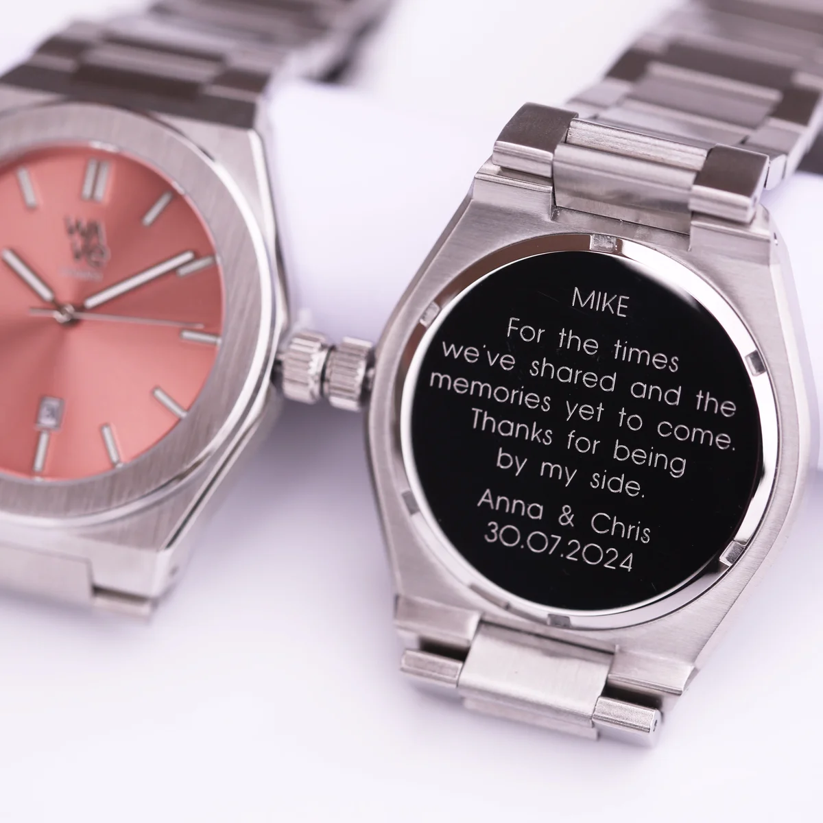 Wave Architect watch in Peach Breeze with stainless steel band, luminous dial, and modern font engraving on face
