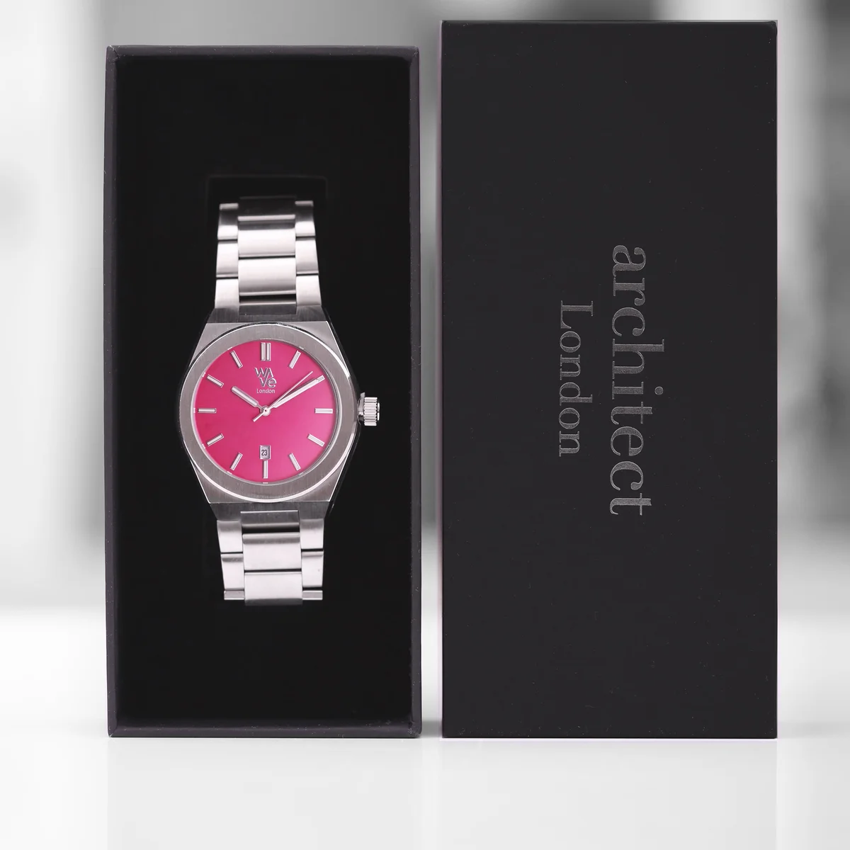 Blush Ripple Wave by Architect luminous dial watch with polished stainless steel case and modern font engraving on dial