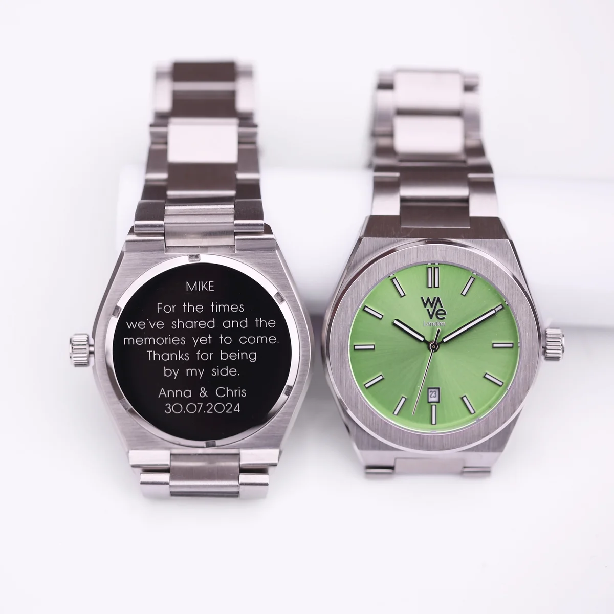 Personalised Wave Watch in Lime Surge with stainless steel band and luminous dial, displayed with Architect Watch box
