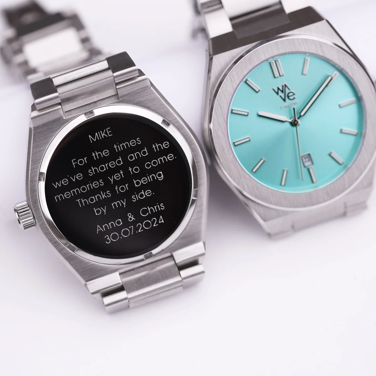 Ocean Blue Wave watch with stainless steel band, engraved watch modern font on dial, luminous glow, 41.5mm case size