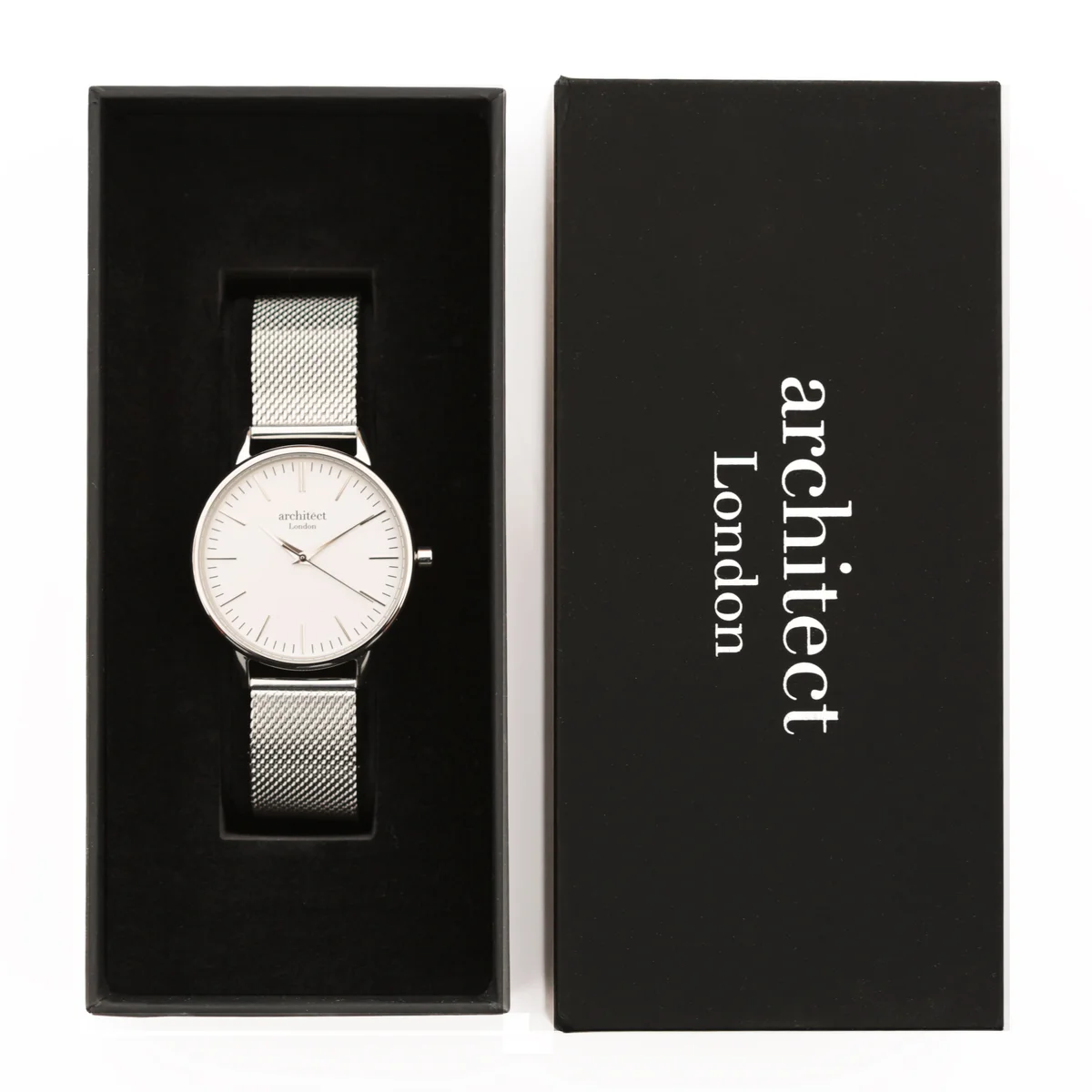 Ladies silver bezel watch with minimalist dial and adjustable mesh strap watch in silver stainless steel