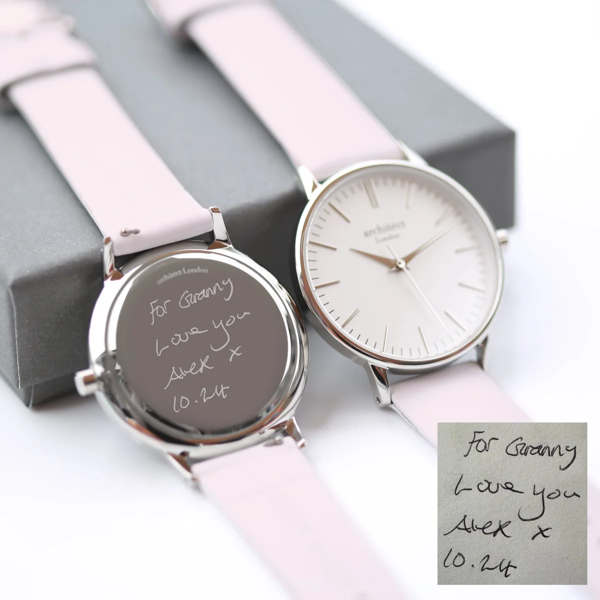 Ladies watch with silver bezel and light pink leather strap, minimalist white dial, stainless steel case, quartz movement