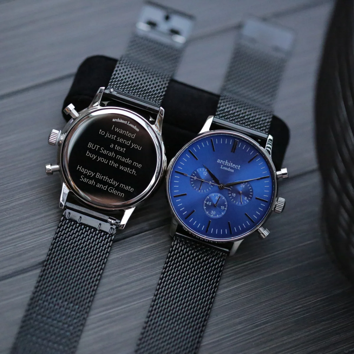 Men’s motivator watch in deep-space blue with black Milanese mesh strap and three chronograph subdials on dial